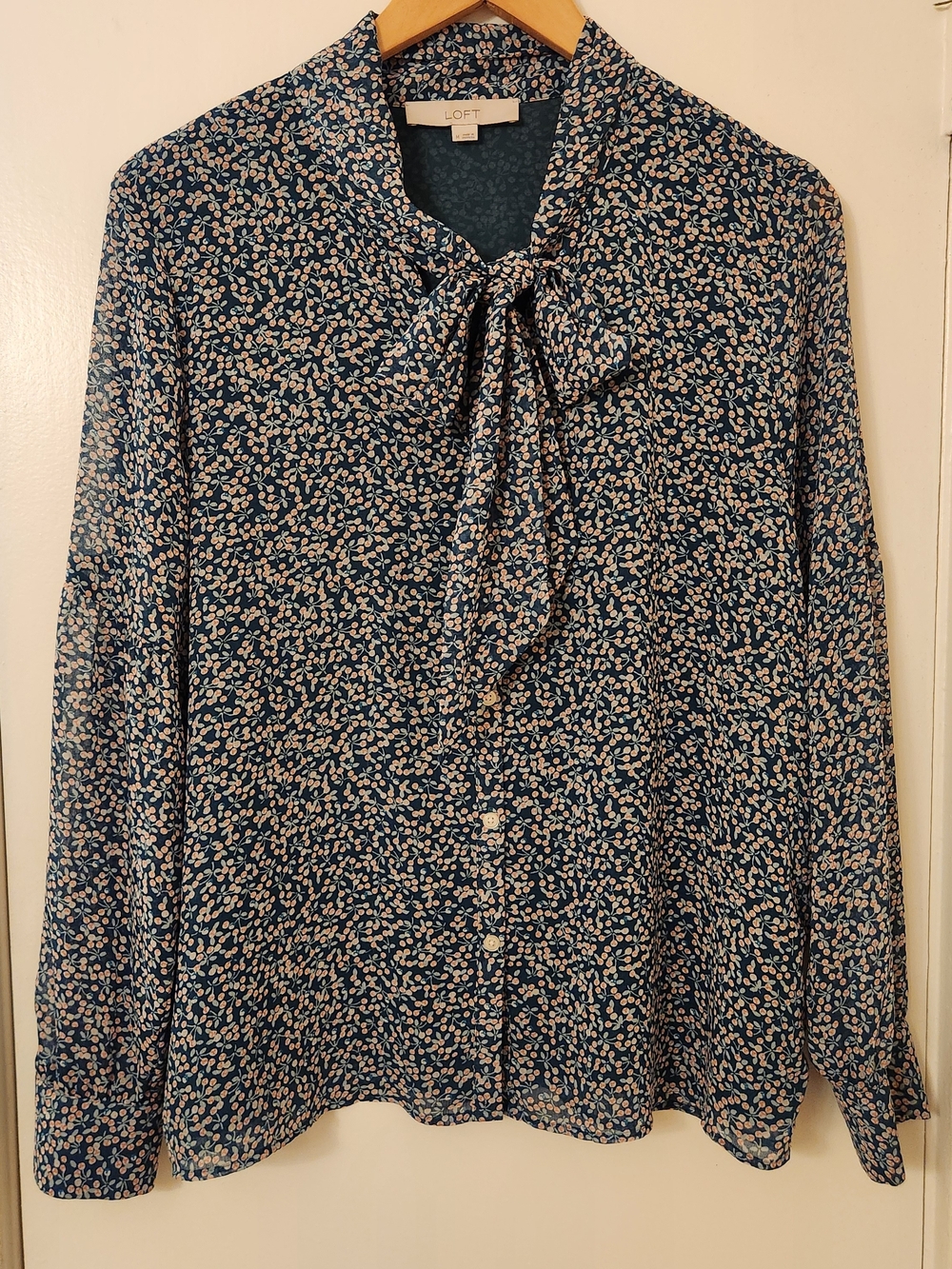 LOFT Teal Floral Tie-Neck Blouse